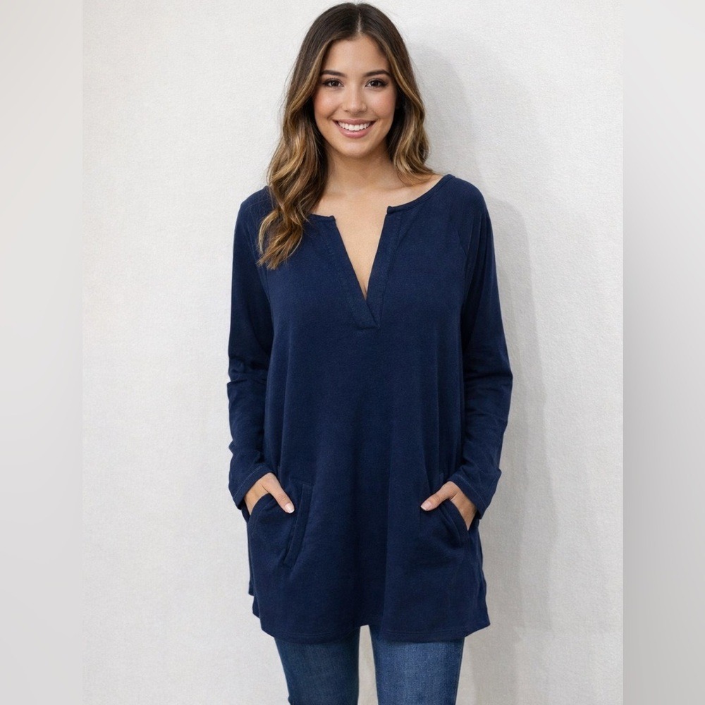 Lilly Pulitzer Skipper V-Neck Popover Tunic Navy Blue Pockets Size Large